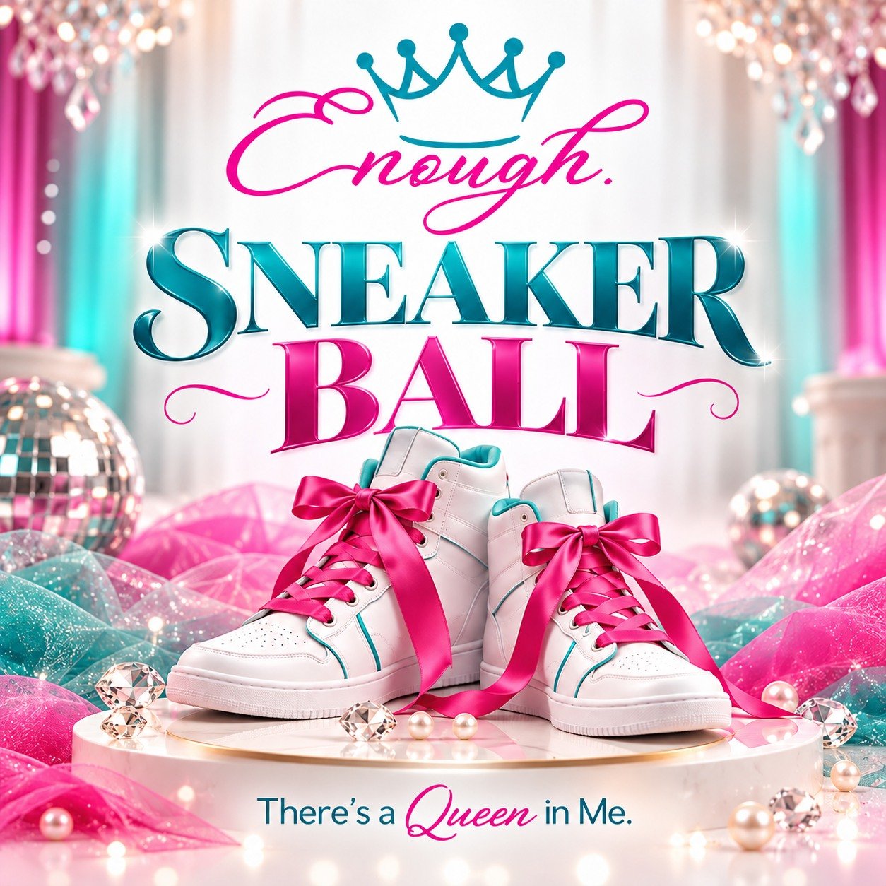 Enough Period Sneaker Ball graphic with sneakers and There’s a Queen in Me message